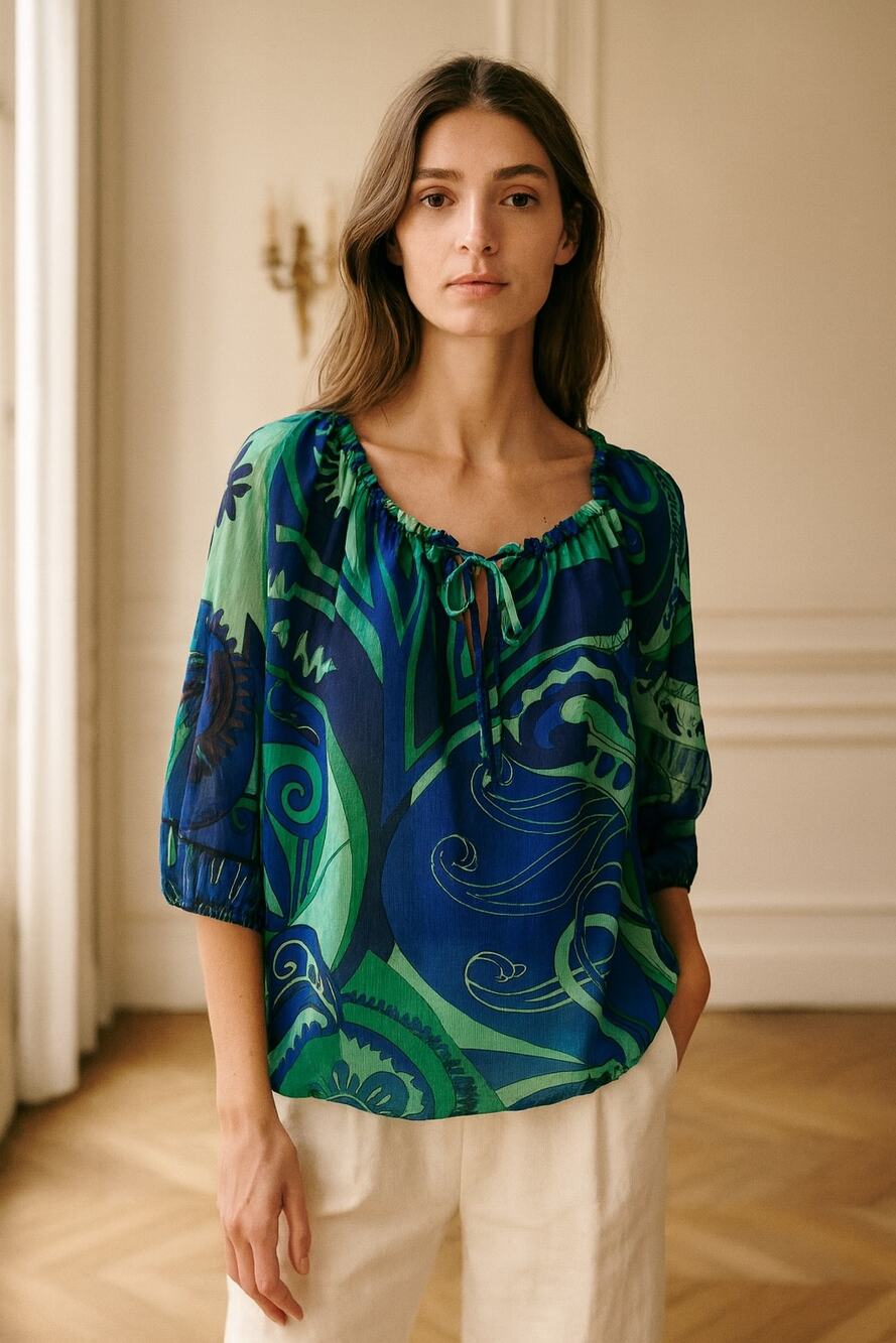 Chico's Blue Green Paisley Pop Over Peasant Semi Sheer Top 2